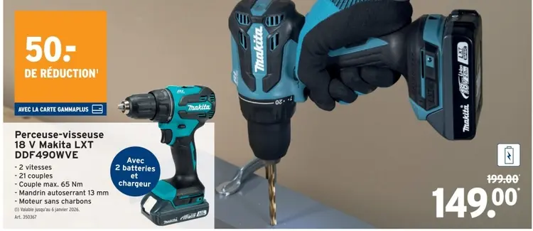 Offre: Perceuse-visseuse 18 V Makita LXT DDF490WVE