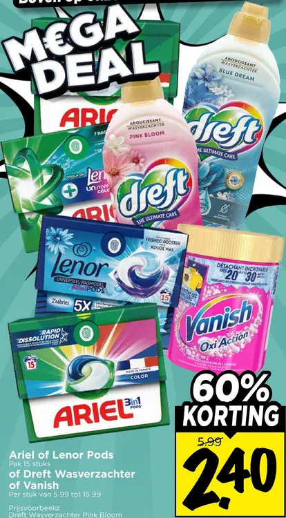 Aanbieding: Ariel of Lenor Pods of Dreft Wasverzachter of Vanish