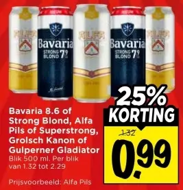 Aanbieding: Bavaria 8.6 of Strong Blond, Alfa Pils of Superstrong, Grolsch Kanon of Gulperner Gladiator