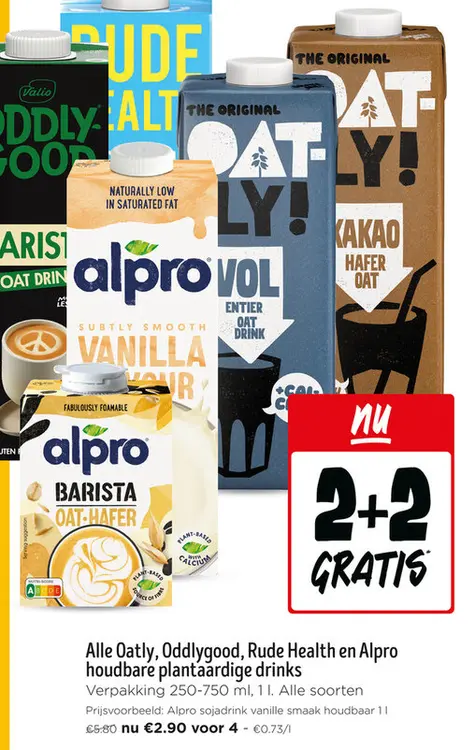 Promotie: Oatly, Oddlygood, Rude Health en Alpro houdbare plantaardige drinks