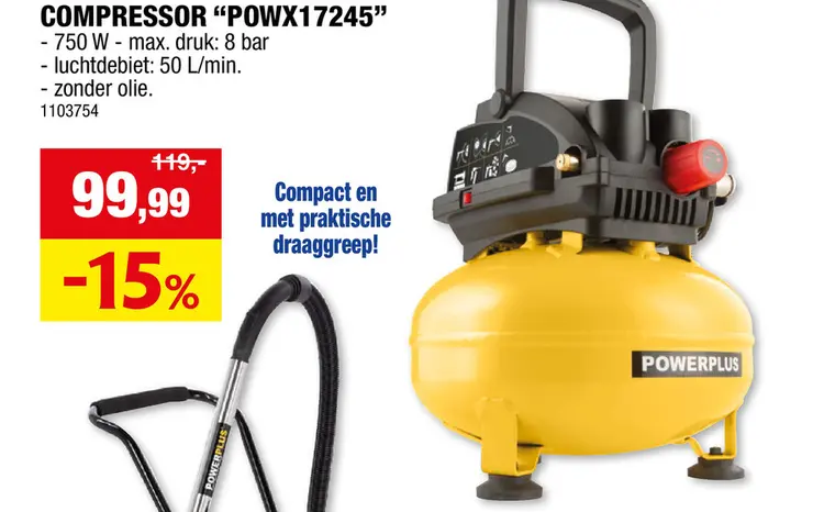 Promotie: Powerplus POWX17245 Pancake compressor 750W 11l olievrij