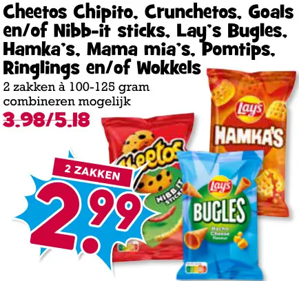 Aanbieding: Diverse chips, zoals: Chipito, Crunchetos, Goals en/of Nibb-it sticks