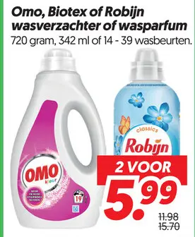 Aanbieding: Omo, Biotex of Robijn wasverzachter of wasparfum