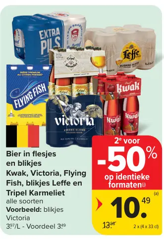 Promotie: Bier in flesjes en blikjes Kwak, Victoria, Fish, blikjes Leffe en Tripel Karmeliet