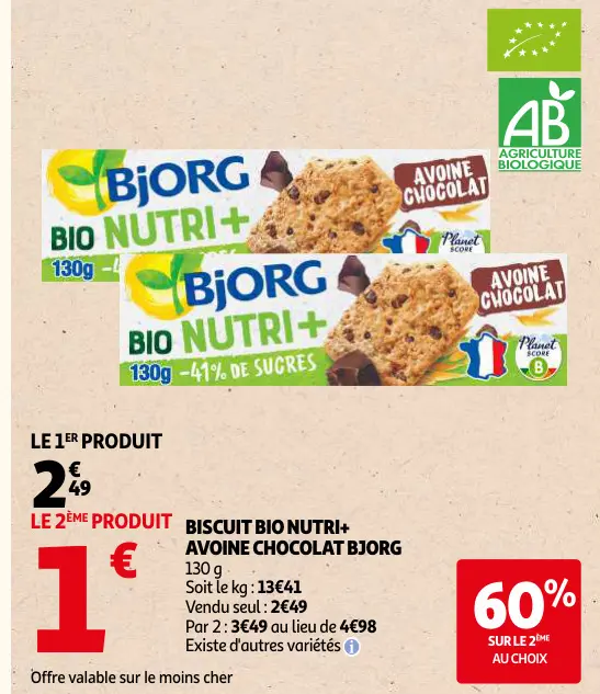 Offre: Biscuit bio nutri+ avoine chocolat