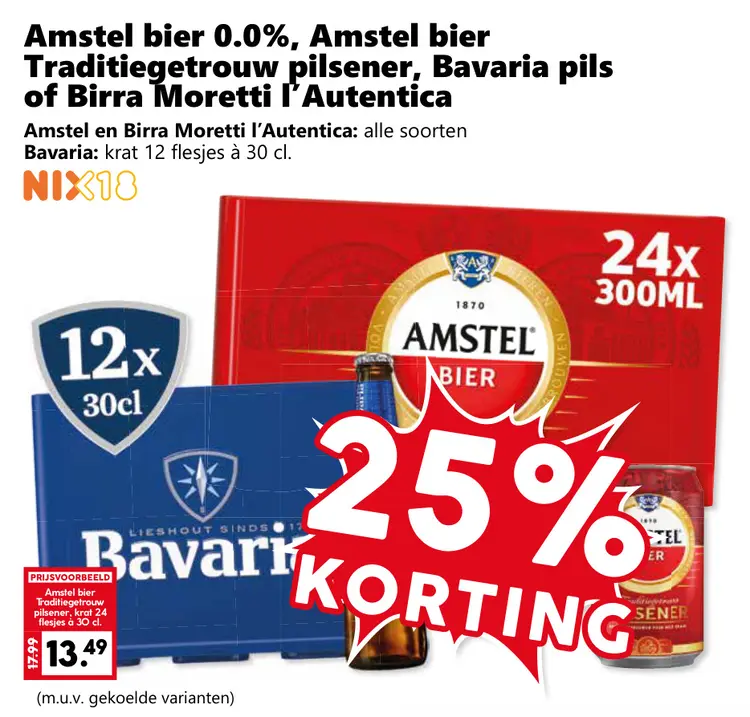 Aanbieding: Amstel bier 0.0%, Amstel bier Traditiegetrouw pilsener, Bavaria pils of Birra Moretti l'Autentica