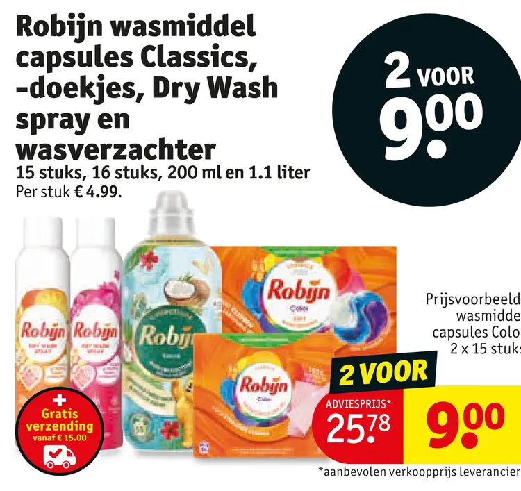Aanbieding: wasmiddel capsules Classics, -doekjes, Dry Wash spray en wasverzachter