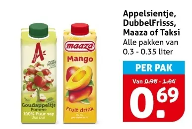 Aanbieding: Appelsientje, DubbelFrisss, Maaza of Taksi