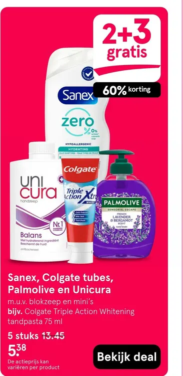 Aanbieding: Sanex, Colgate tubes, Palmolive en Unicura
