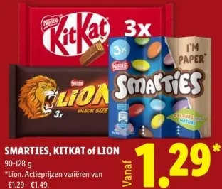 Aanbieding: Smarties, Kitkat of Lion