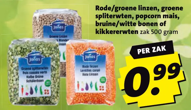 Aanbieding: Rode/groene linzen, groene spliterwten, popco