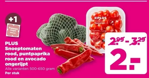 Aanbieding: Snoeptomaten rood, puntpaprika rood en avocado ongerijpt