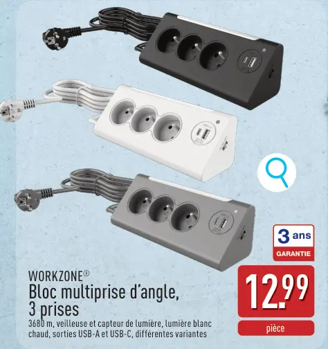 Offre: Bloc multiprise d'angle, 3 prises