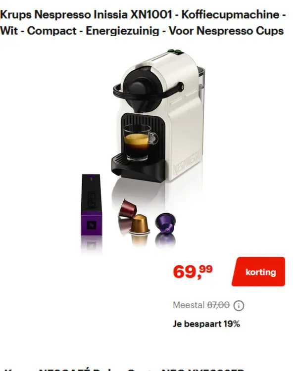 Aanbieding: Nespresso Inissia XN100T - Koffiecupmachine