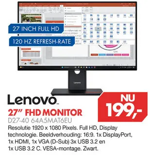 Aanbieding: Lenovo 27" FHD MONITOR D27-40 64A5MAT6EU
