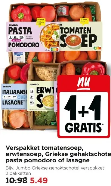 Aanbieding: Verspakket tomatensoep, erwtensoep, Griekse gehaktschotel, pasta pomodoro of lasagne