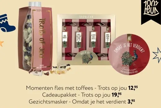 Aanbieding: Fles met toffees, cadeaupakket, gezichtsmasker