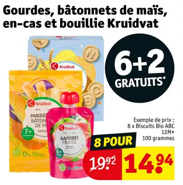 Offre: Gourdes, bâtonnets de maïs, en-cas et bouillie Kruidvat