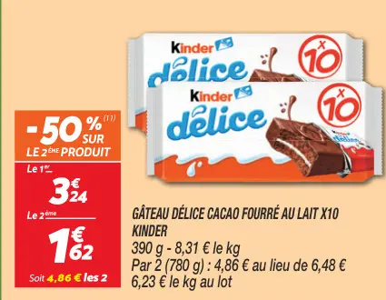 Offre: Gâteau délice cacao fourré au lait x10