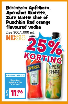 Aanbieding: Berentzen Apfelkorn, Apenshot likorette, Zure Mattie shot of Puschkin Red orange flavoured vodka