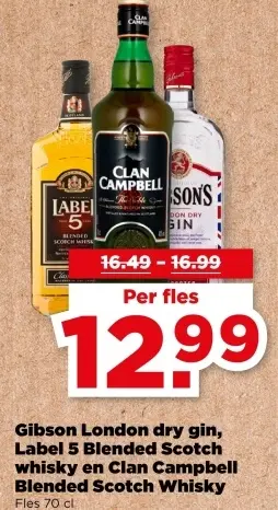 Aanbieding: Gibson London dry gin, Label 5 Blended Scotch whisky en Clan Campbell Blended Scotch Whisky