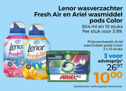 Aanbieding: Lenor wasverzachter Fresh Air en Ariel wasmiddel podss Color