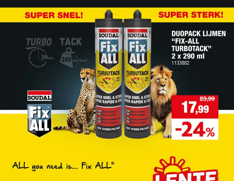 Promotie: Soudal Fix ALL TurboTack lijm 290ml wit 2 stuks