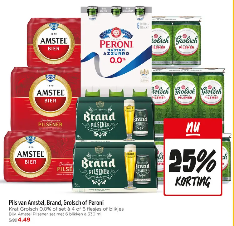 Aanbieding: Pils van Amstel, Brand, Grolsch of Peroni