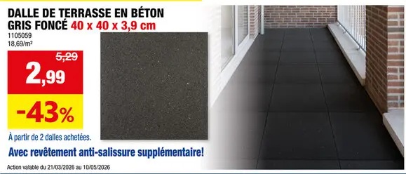 Offre: Dalle de terrasse 40x40x3,9 cm coating gris foncé