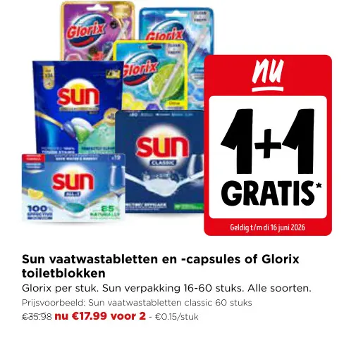 Promotie: Sun vaatwastabletten en -capsules of Glorix toiletblokken