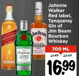 Aanbieding: Johnnie Walker Red label, Tanqueray Gin of Jim Beam Bourbon Whiskey