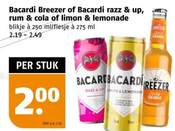 Aanbieding: Bacardi Breezer of Bacardi razz & up, rum & cola of limon & lemonade