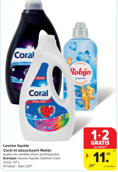Offre: Lessive liquide Coral et adoucissant Robijn