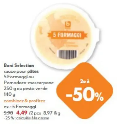 Offre: Sauce pour pâtes 5 Formaggi ou Pomodoro-mascarpone