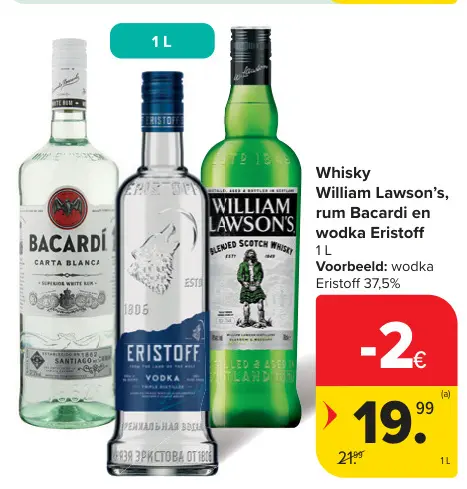 Promotie: Whisky William Lawson's, rum Bacardi en wodka