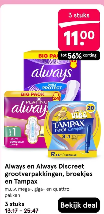 Aanbieding: Grootverpakkingen, broekjes en Tampax