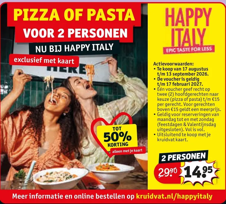 Aanbieding: Pizza or Pasta for 2 people