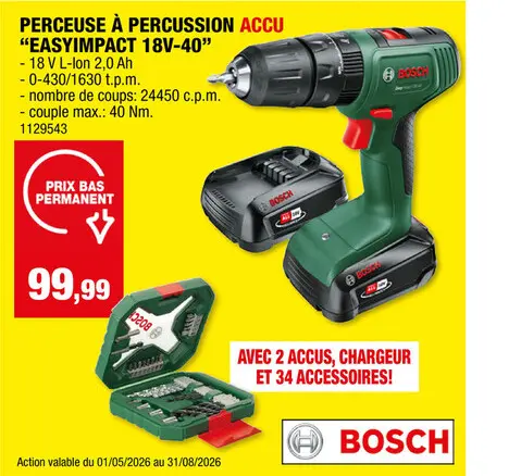 Offre: EasyImpact 18V-40 perceuse-visseuse à  percussion sans fil 18V Li-Ion + 2 batteries + chargeur + 34 accessoires
