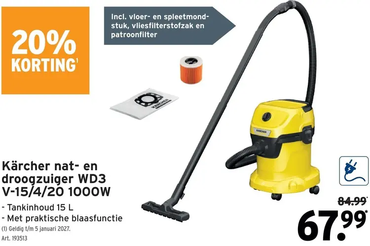 Promotie: Nat- en droogzuiger WD3 V-15/4/20 1000W