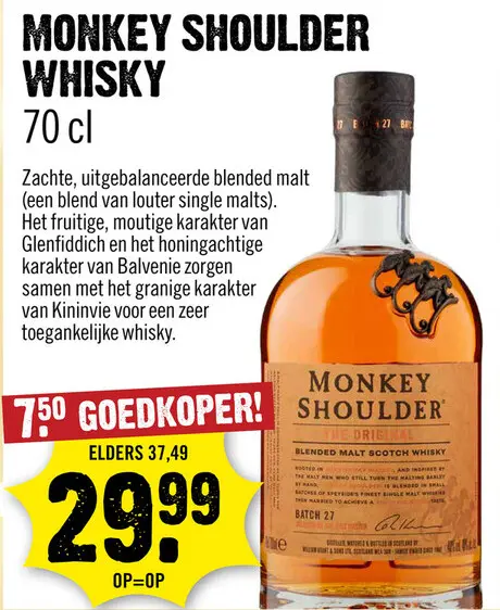 Aanbieding: Monkey Shoulder Blended Malt Whisky 70 cl