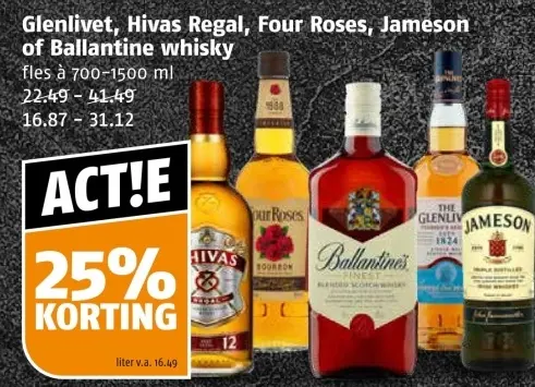 Aanbieding: Glenlivet, Hivas Regal, Four Roses, Jameson of Ballantine whisky