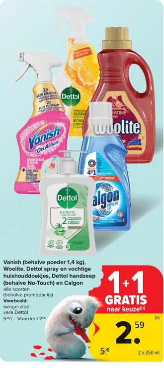Promotie: Vanish, Woolite, Dettol spray en vochtige huishouddoekjes, handzeep en Calgon