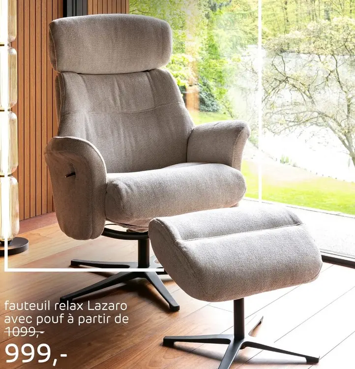 Offre: Lazaro, fauteuil relax avec pouf - tissu Livigno - Creme
