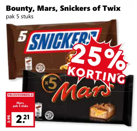 Aanbieding: Bounty, Mars, Snickers of Twix