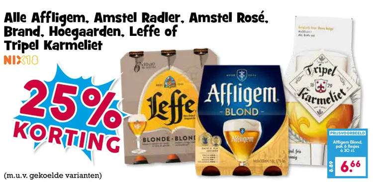 Aanbieding: Alle Affligem, Amstel Radler, Amstel Rosé, Brand, Hoegaarden, Leffe of Tripel Karmeliet