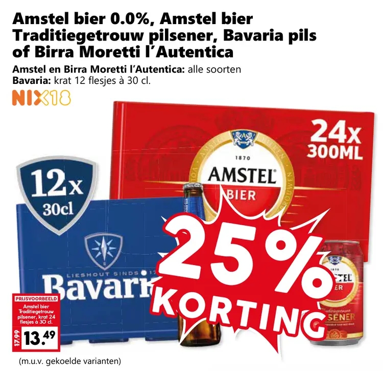 Aanbieding: Amstel bier 0.0%, Amstel bier Traditiegetrouw pilsener, Bavaria pils of Birra Moretti l'Autentica