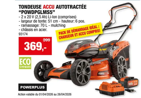 Offre: Powerplus Dual Power POWDPG7568 tondeuse sans fil autotractée 2x20 V Li-Ion 51cm + chargeur