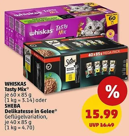 Aanbieding: WHISKAS Tasty Mix oder SHEBA Delikatesse in G