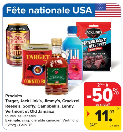 Offre: Produits Target, Jack Link's, Jimmy's, Crackzel, Reese's, Soofty, Campbell's, Lenny, Vertmont et Old Jamaica