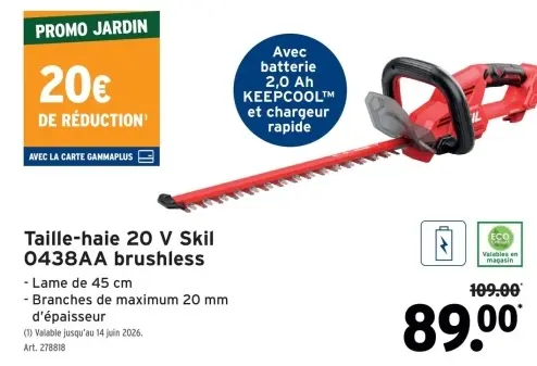 Offre: Taille-haie 20 V Skil 0438AA brushless